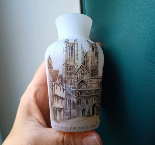 Victorian White Opaline Glass Souvenir Vase – Lincoln Cathedral Sepia Transfer, c.1890