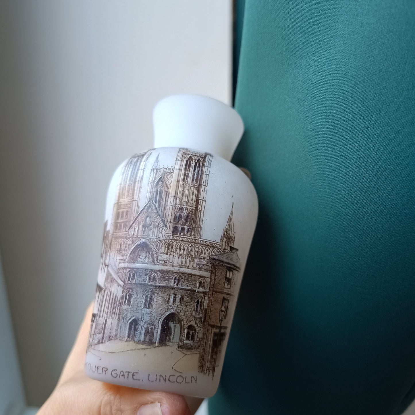 Victorian White Opaline Glass Souvenir Vase – Lincoln Cathedral Sepia Transfer, c.1890