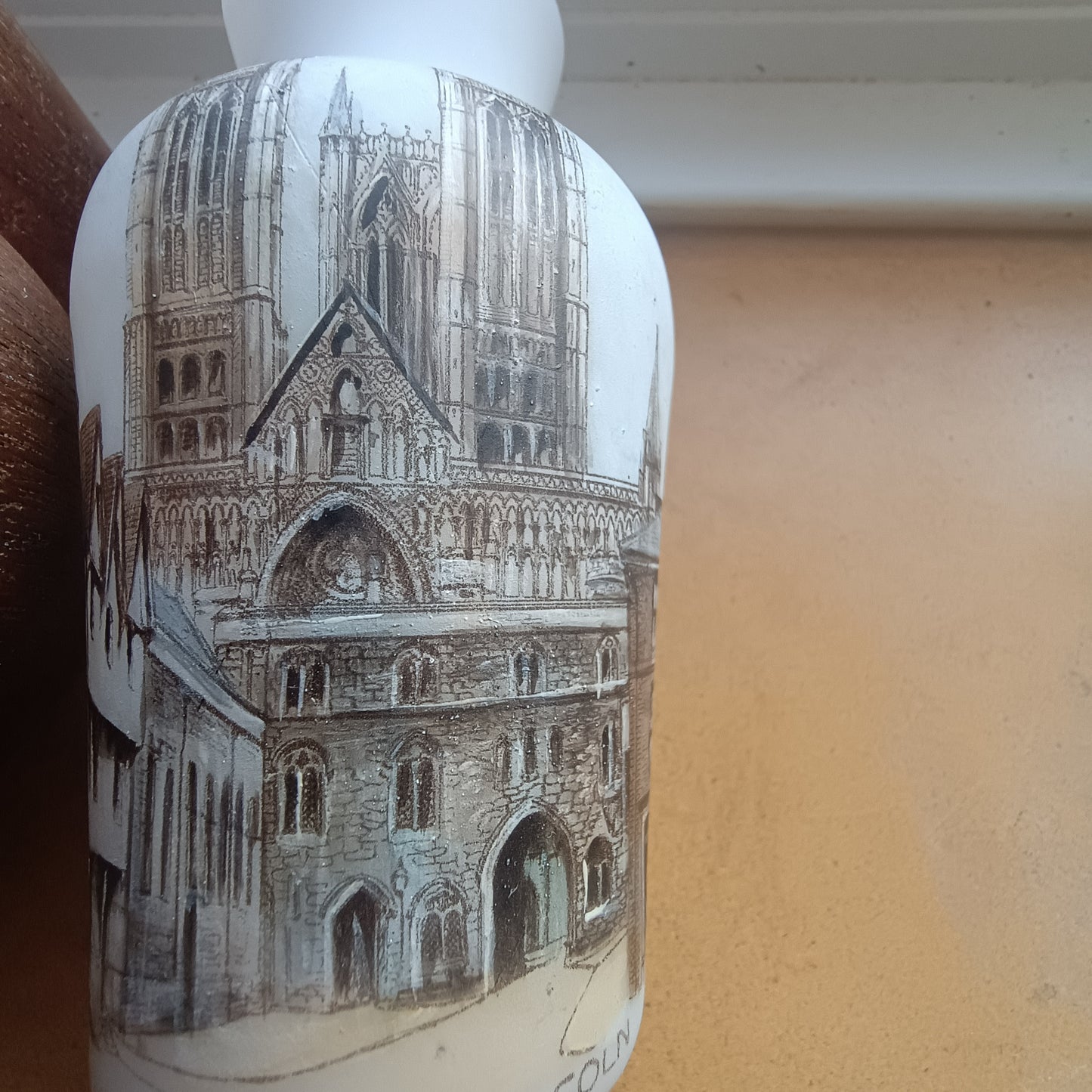 Victorian White Opaline Glass Souvenir Vase – Lincoln Cathedral Sepia Transfer, c.1890