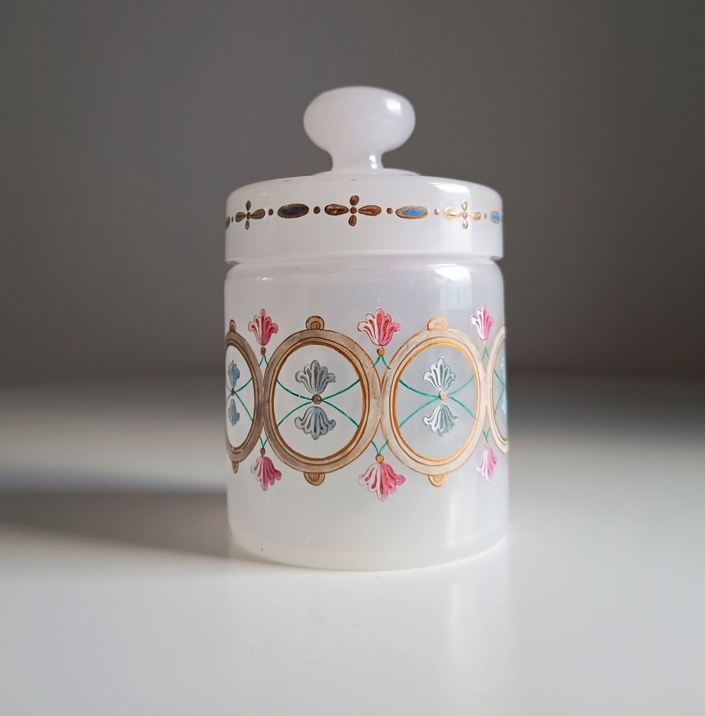 Antique Opaline Glass Cookies Jar: Hand Enamelled, Late Biedermeier, Romantic Revival, 1860s