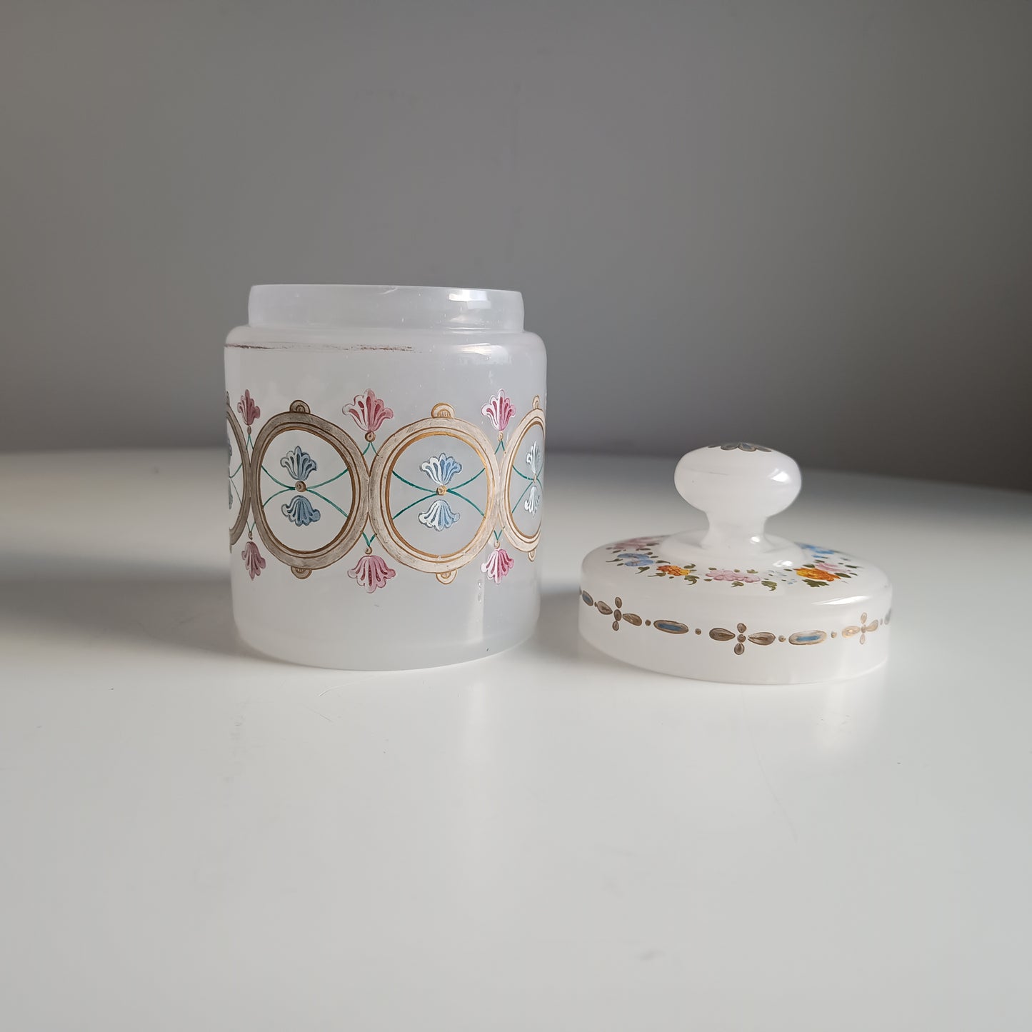 Antique Opaline Glass Cookies Jar: Hand Enamelled, Late Biedermeier, Romantic Revival, 1860s