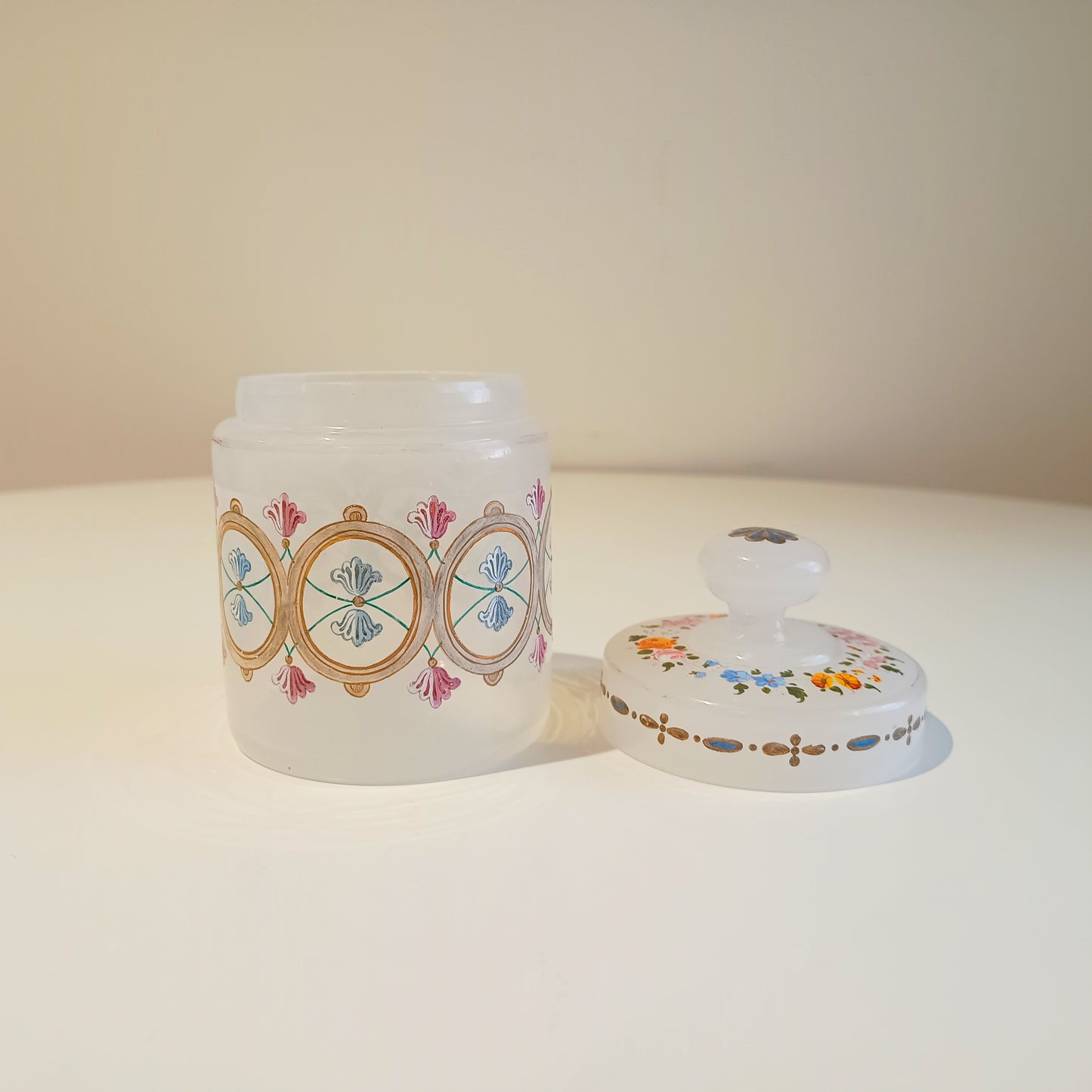 Antique Opaline Glass Cookies Jar: Hand Enamelled, Late Biedermeier, Romantic Revival, 1860s