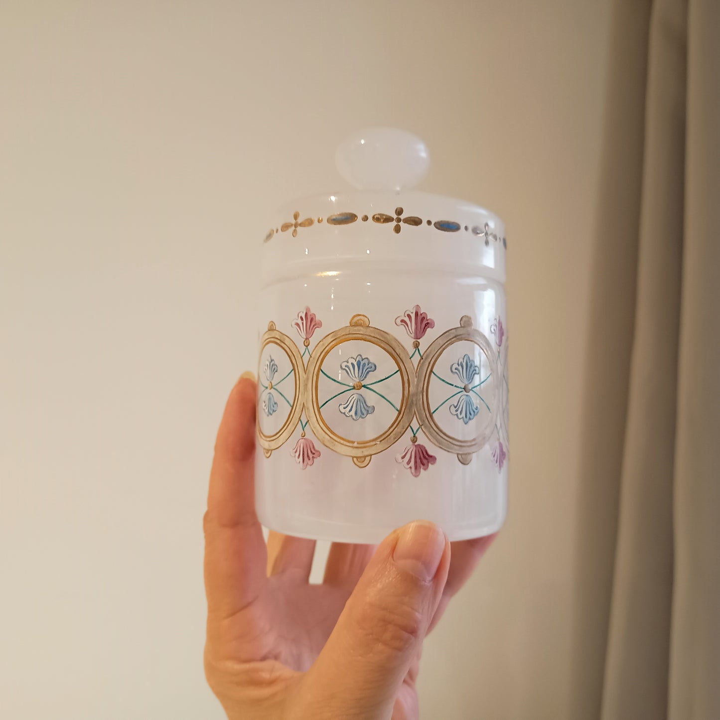 Antique Opaline Glass Cookies Jar: Hand Enamelled, Late Biedermeier, Romantic Revival, 1860s
