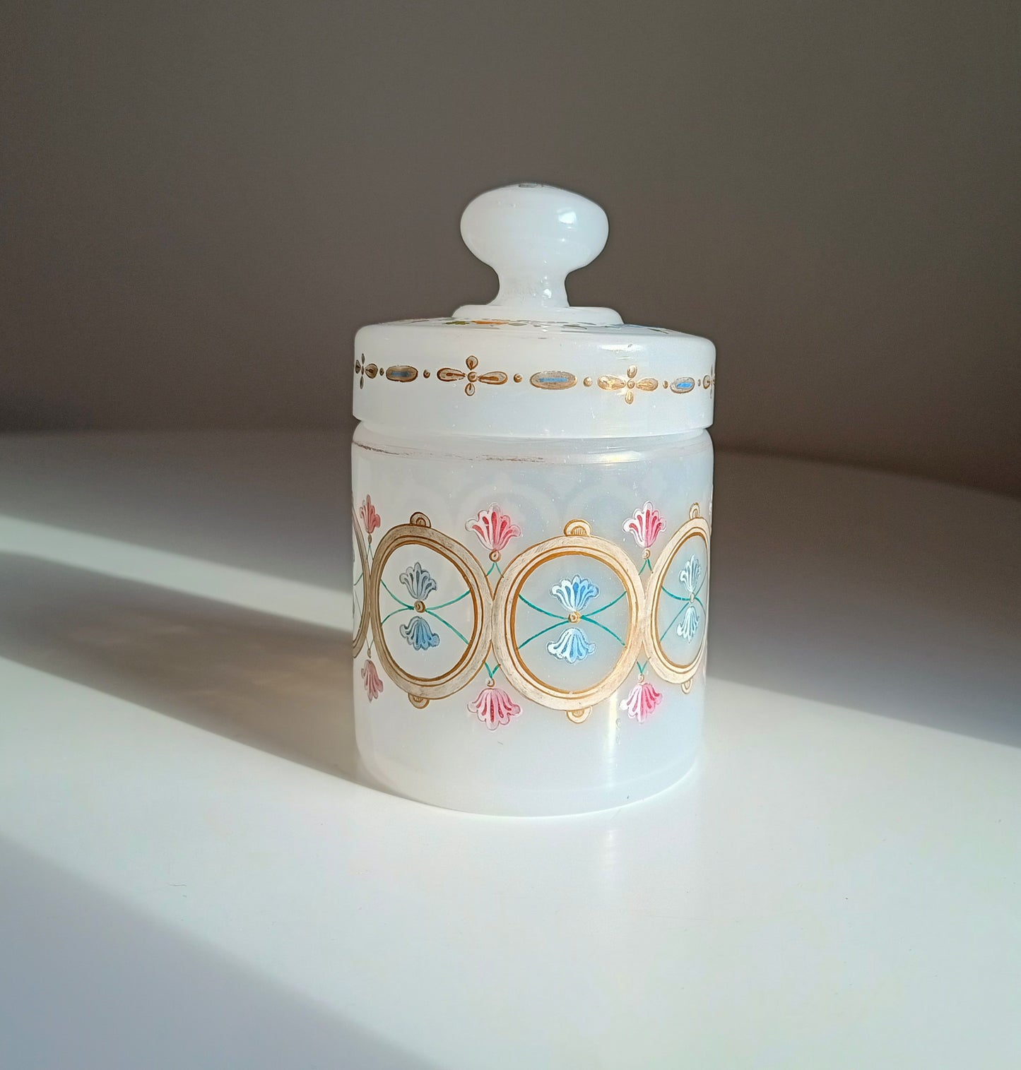 Antique Opaline Glass Cookies Jar: Hand Enamelled, Late Biedermeier, Romantic Revival, 1860s