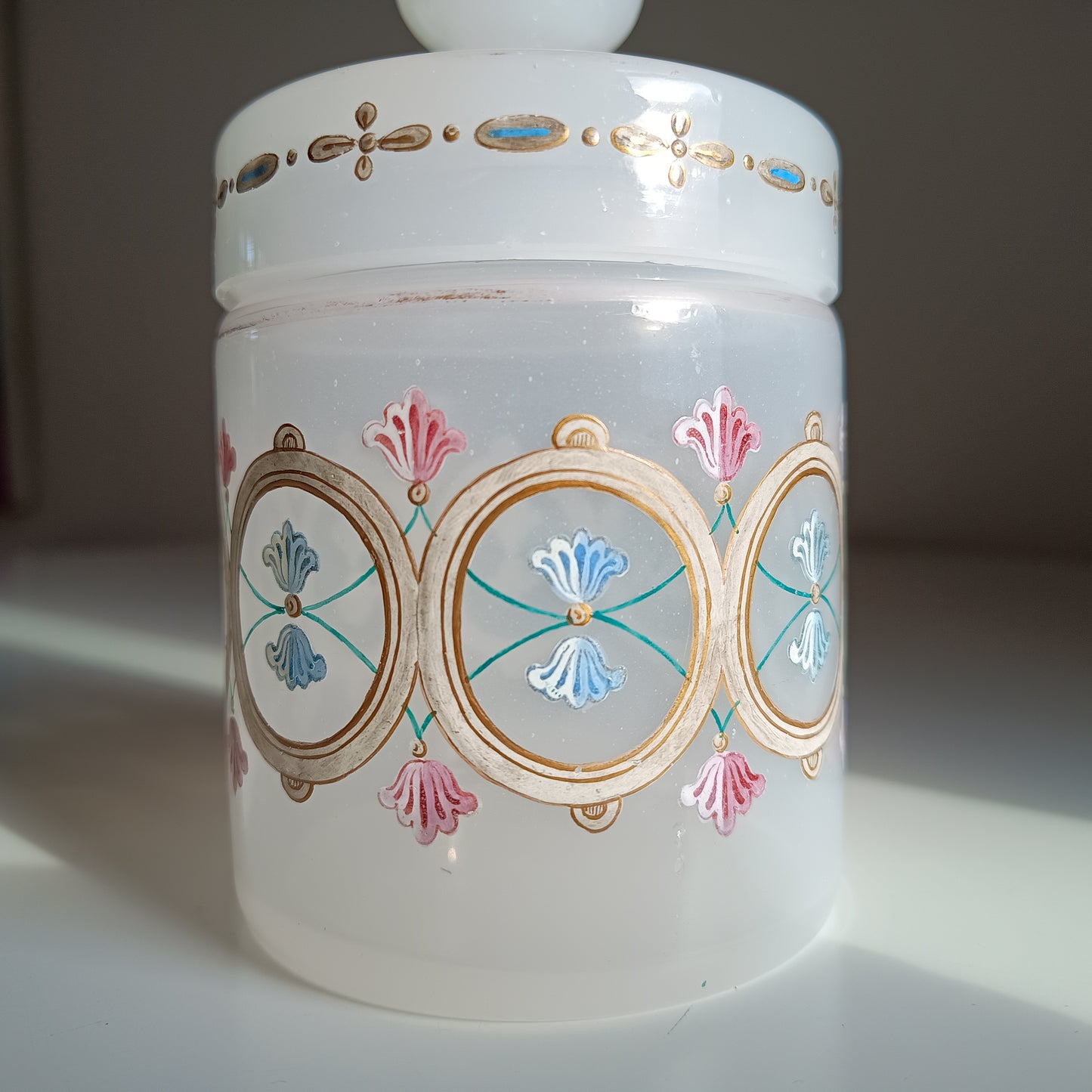 Antique Opaline Glass Cookies Jar: Hand Enamelled, Late Biedermeier, Romantic Revival, 1860s