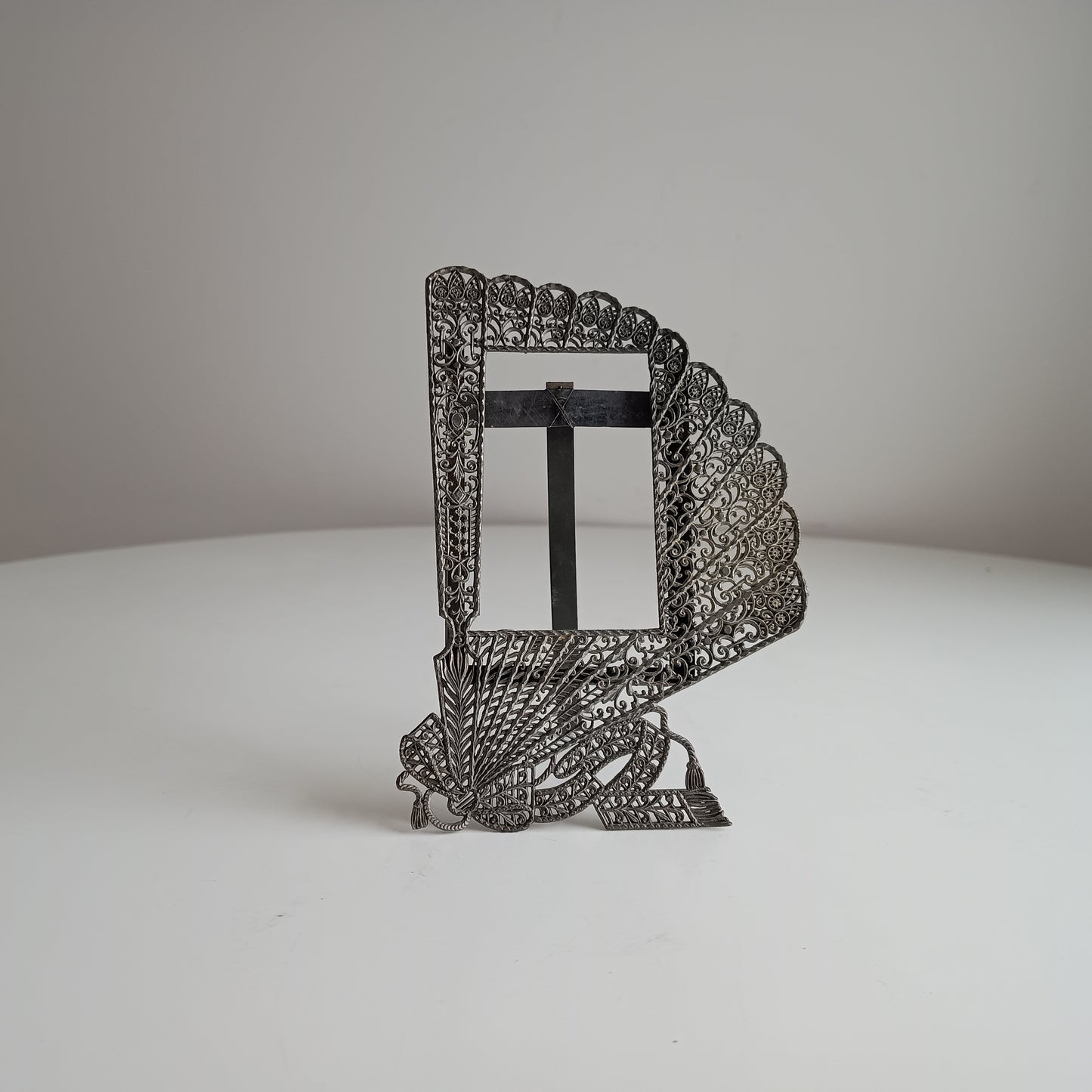 Antique Jugendstil Faux Filigree Curtain Shaped Tabletop Easel Stand Photo Frame Impressed Toleware c 1900 for Cabinet Portrait Photos