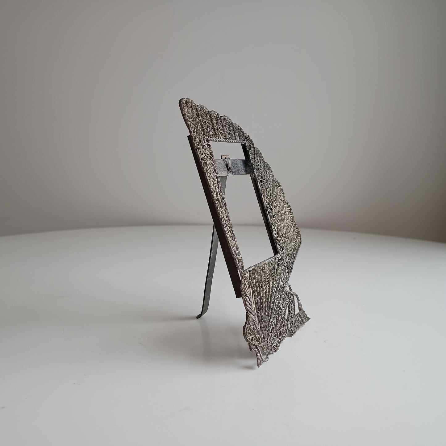 Antique Jugendstil Faux Filigree Curtain Shaped Tabletop Easel Stand Photo Frame Impressed Toleware c 1900 for Cabinet Portrait Photos