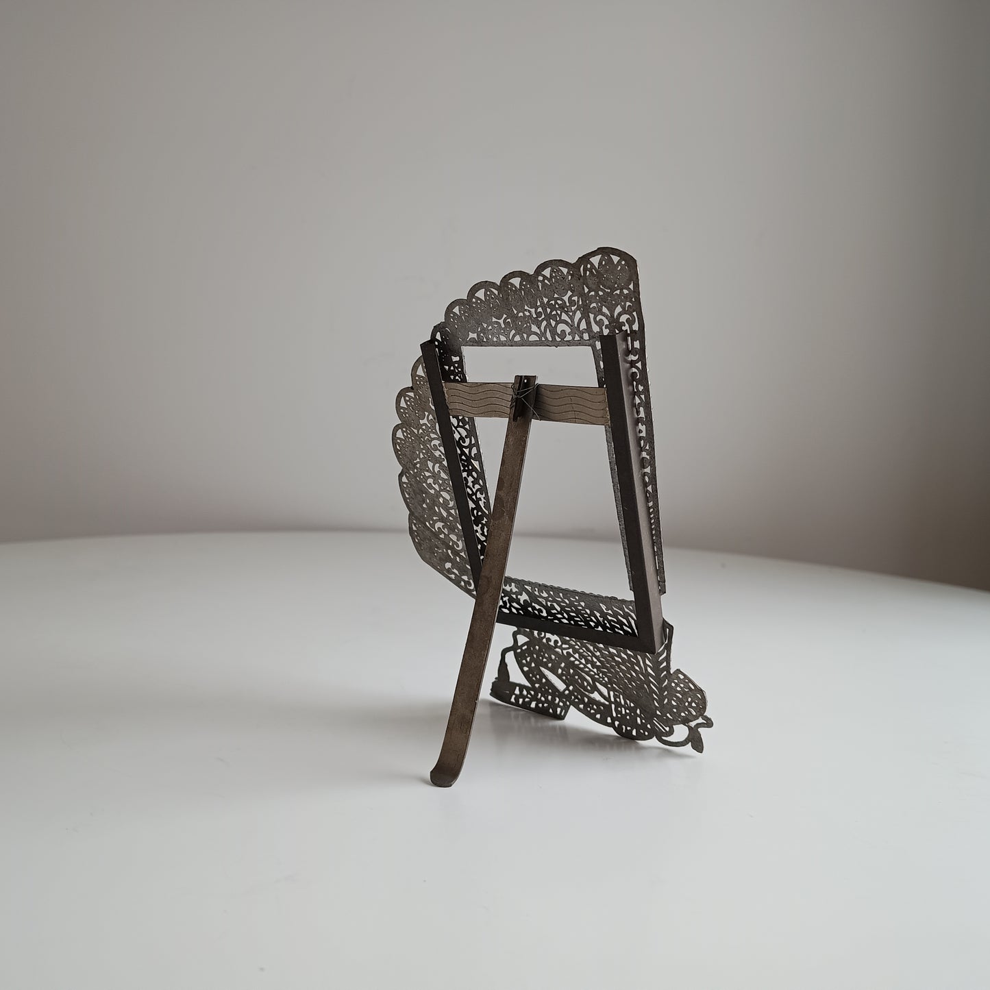 Antique Jugendstil Faux Filigree Curtain Shaped Tabletop Easel Stand Photo Frame Impressed Toleware c 1900 for Cabinet Portrait Photos