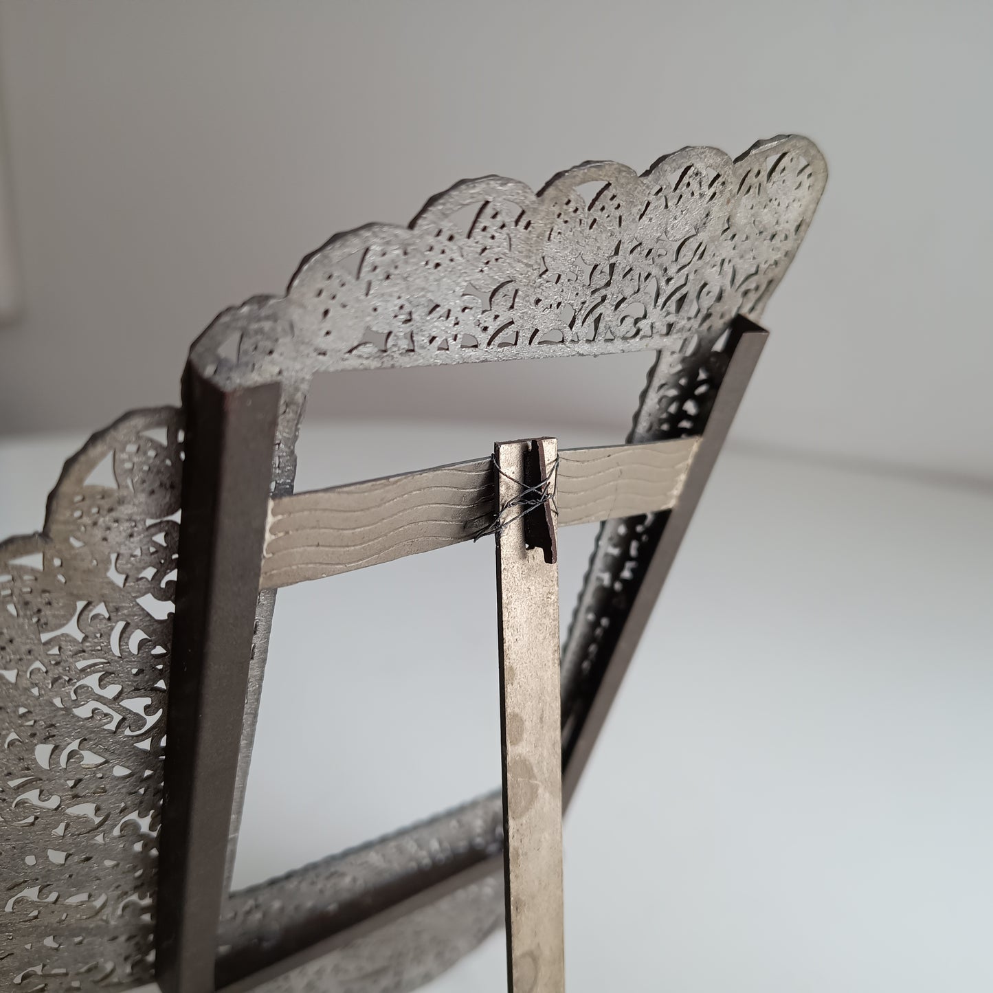 Antique Jugendstil Faux Filigree Curtain Shaped Tabletop Easel Stand Photo Frame Impressed Toleware c 1900 for Cabinet Portrait Photos