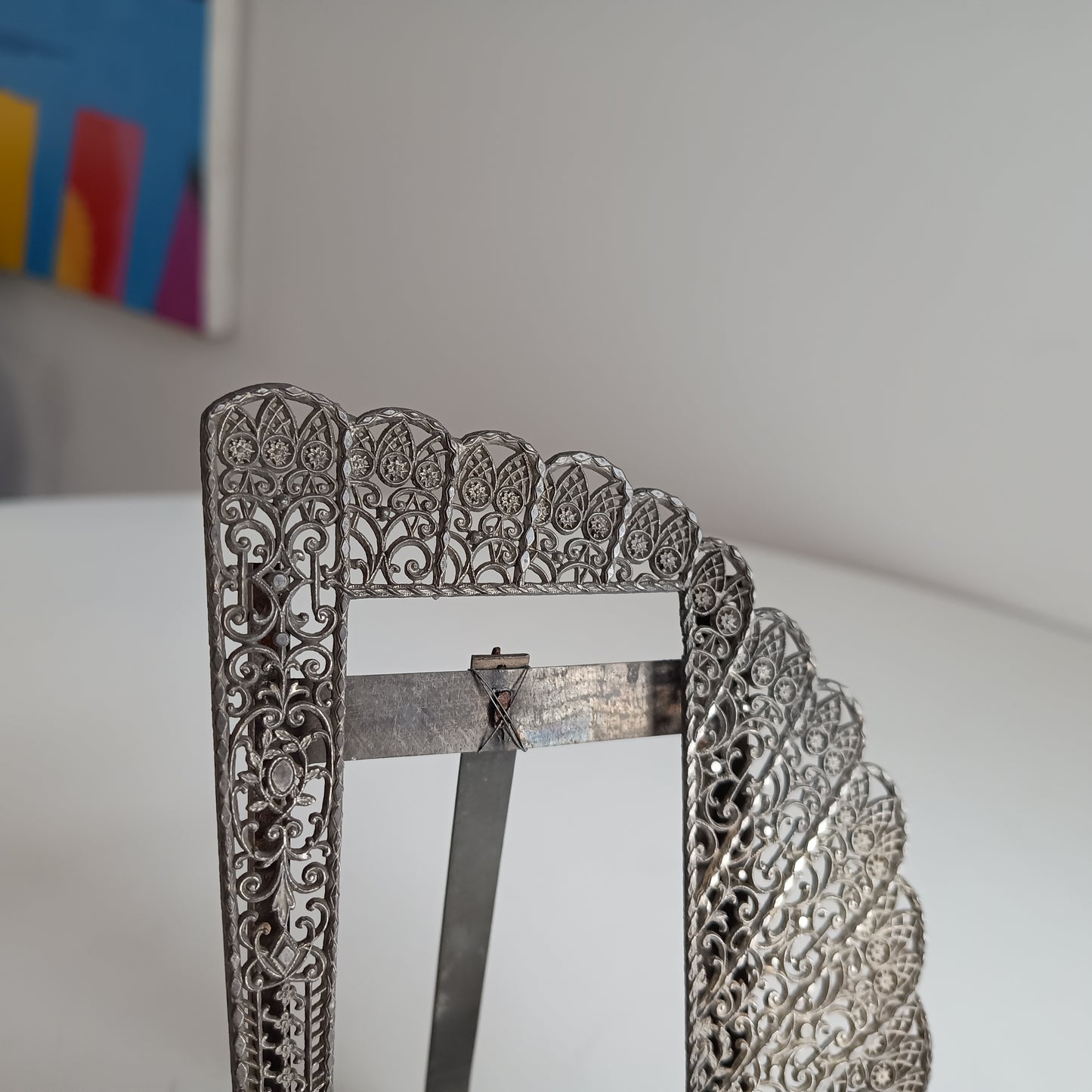 Antique Jugendstil Faux Filigree Curtain Shaped Tabletop Easel Stand Photo Frame Impressed Toleware c 1900 for Cabinet Portrait Photos