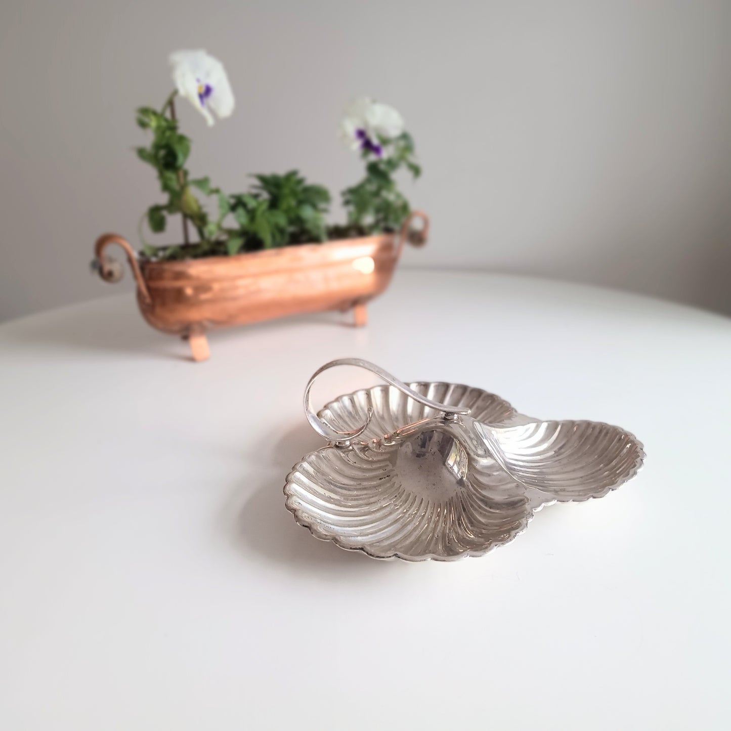 Vintage English Art Nouveau style Triple Shell Cheese& Biscuits Server Dish, Signed