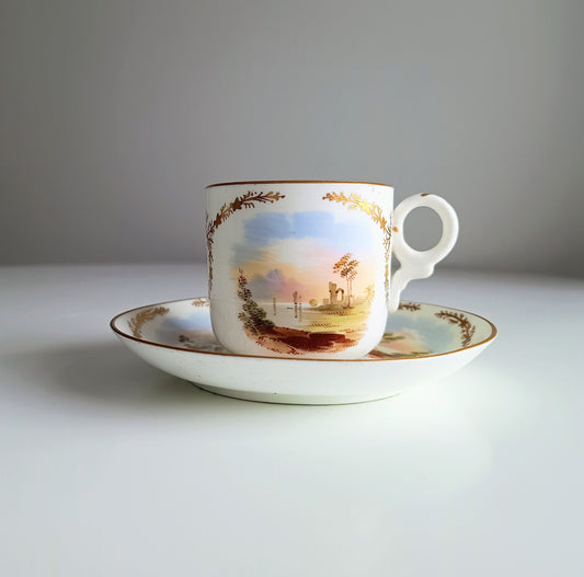 Antique Hand-Painted Landscape and Gilt Crests Porcelain Cup & Saucer, Austria 19th century