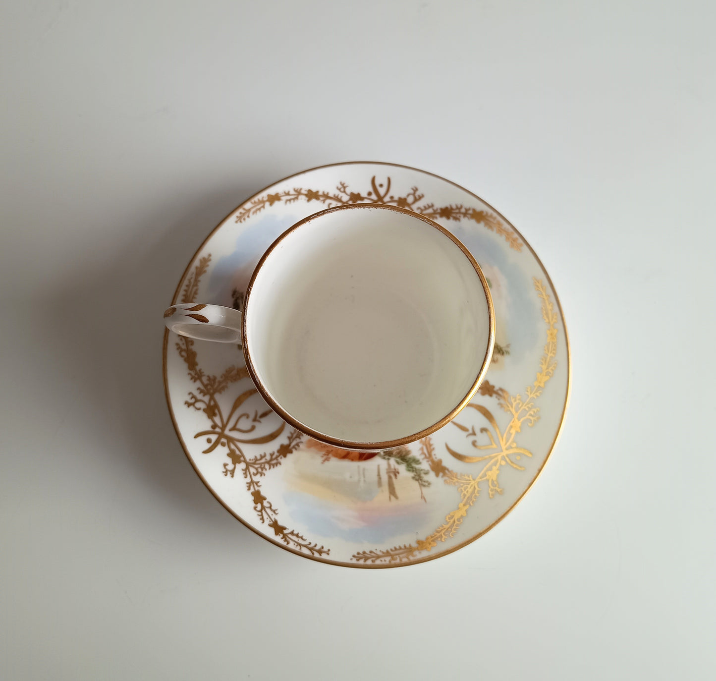 Antique Hand-Painted Landscape and Gilt Crests Porcelain Cup & Saucer, Austria 19th century