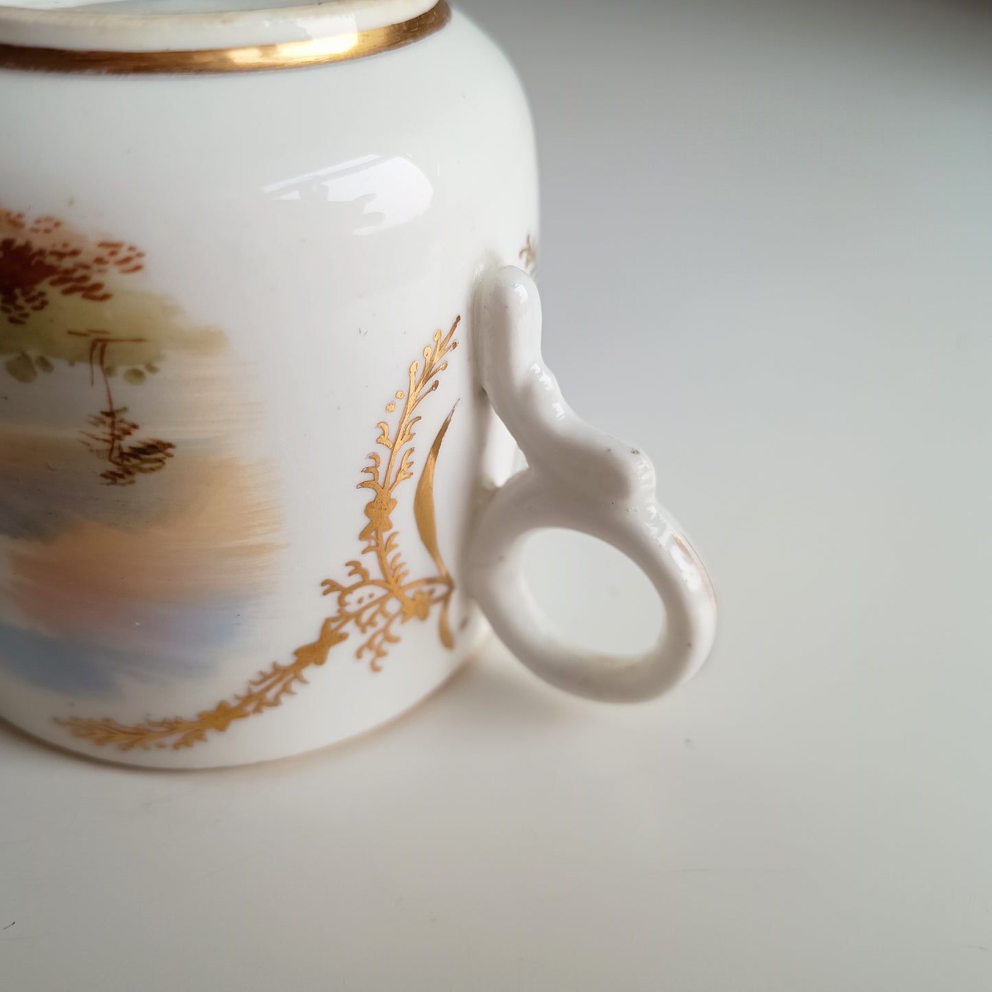 Antique Hand-Painted Landscape and Gilt Crests Porcelain Cup & Saucer, Austria 19th century