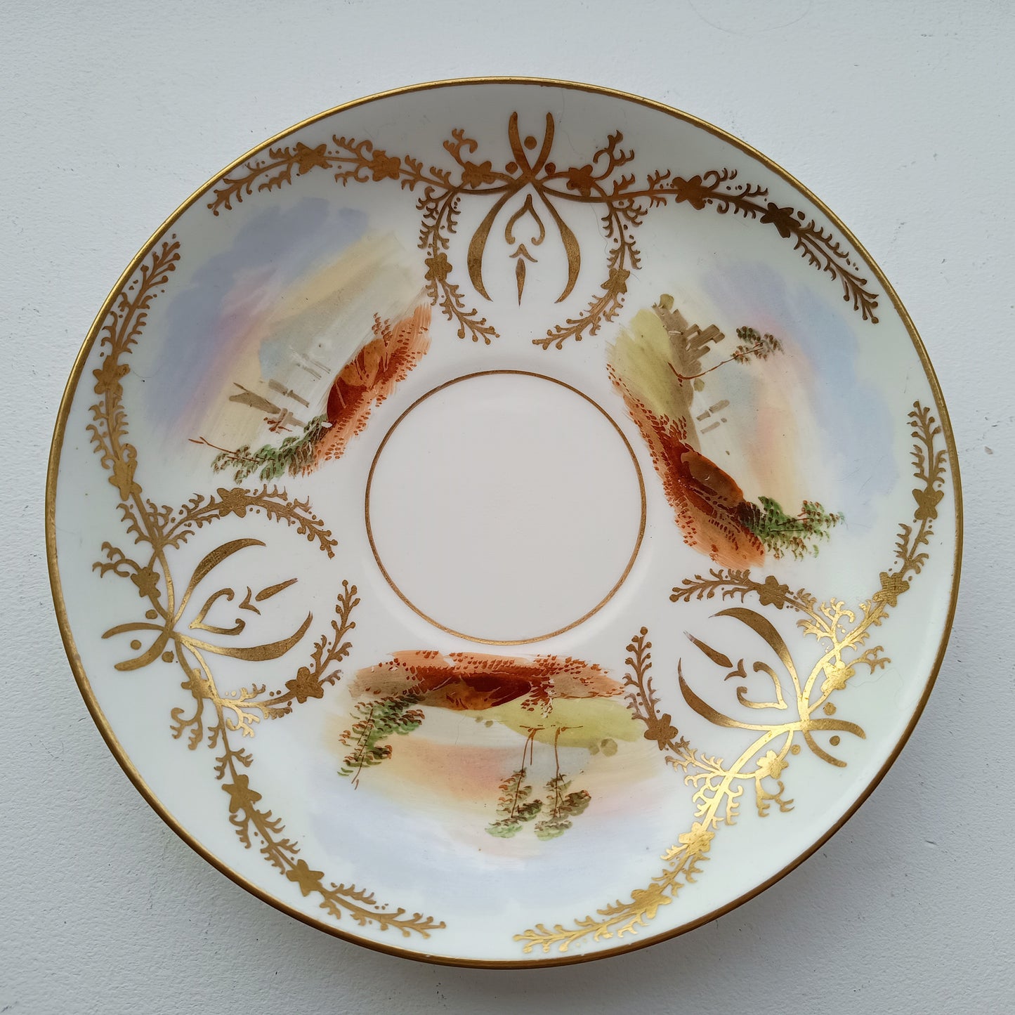 Antique Hand-Painted Landscape and Gilt Crests Porcelain Cup & Saucer, Austria 19th century