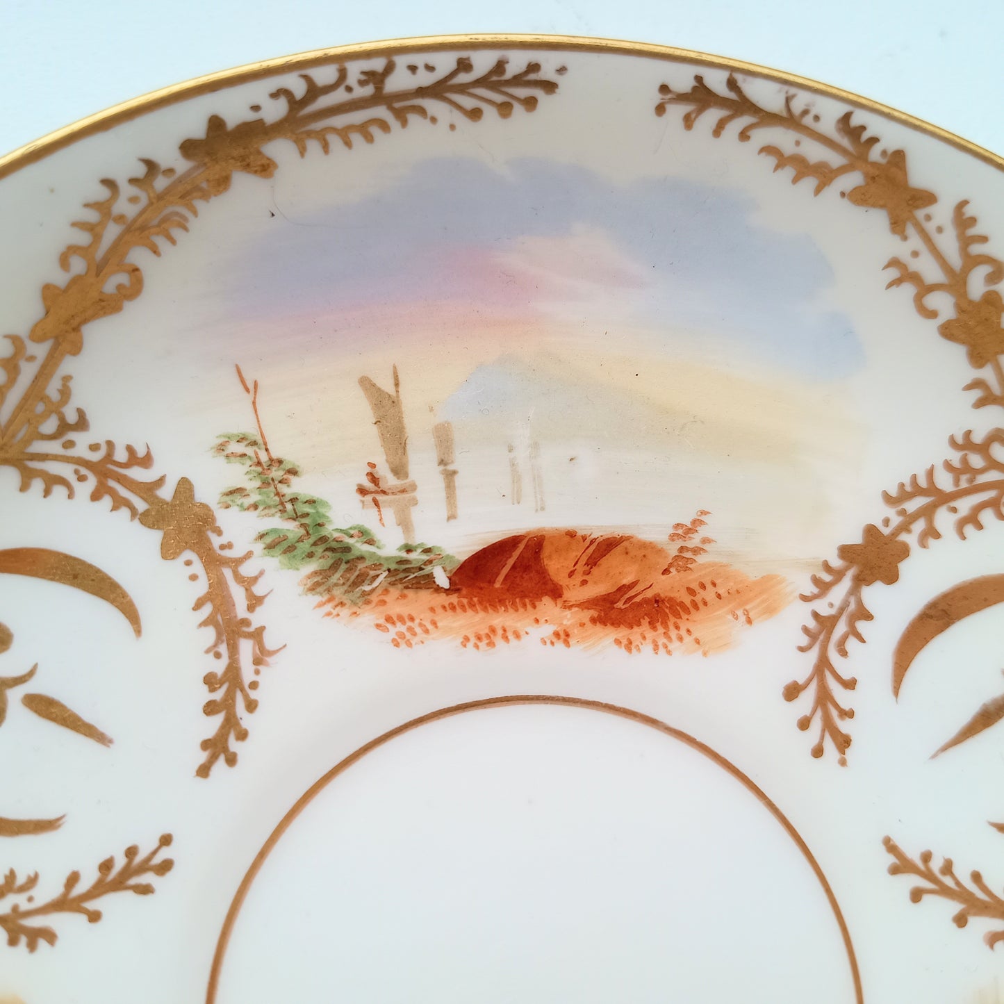Antique Hand-Painted Landscape and Gilt Crests Porcelain Cup & Saucer, Austria 19th century