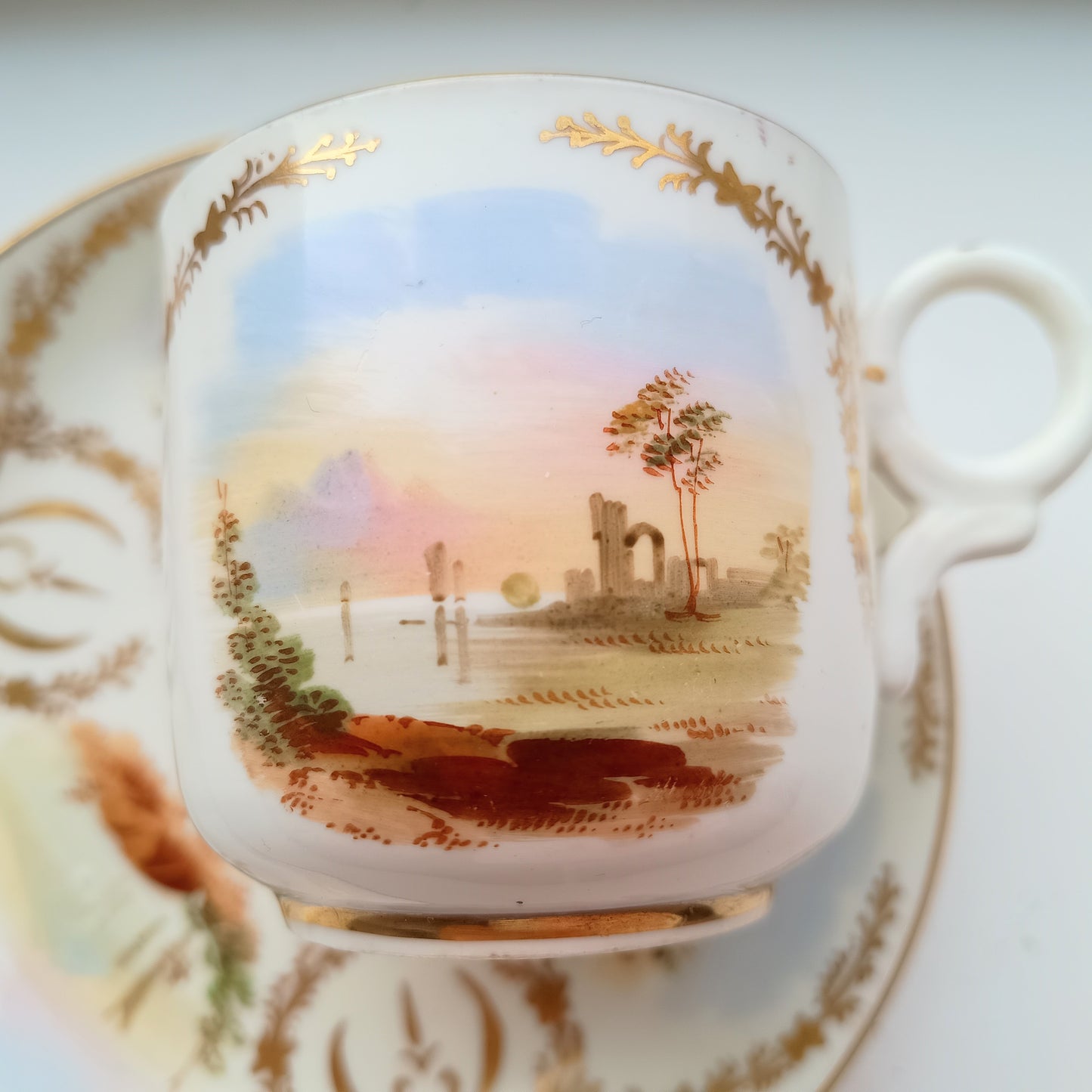 Antique Hand-Painted Landscape and Gilt Crests Porcelain Cup & Saucer, Austria 19th century