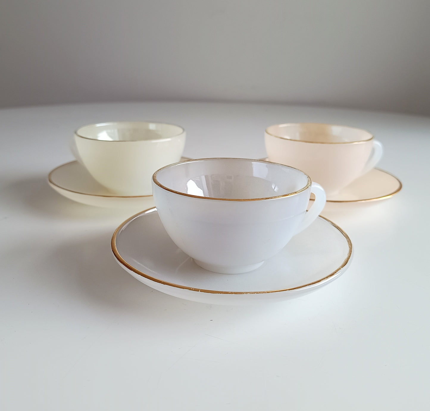 Vintage Espresso Macchiato Cup & Saucers, 5 Pastel Colours, French Arcopal Opaline Glass