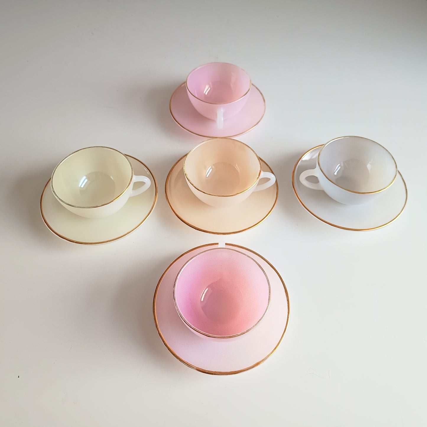 Vintage Espresso Macchiato Cup & Saucers, 5 Pastel Colours, French Arcopal Opaline Glass