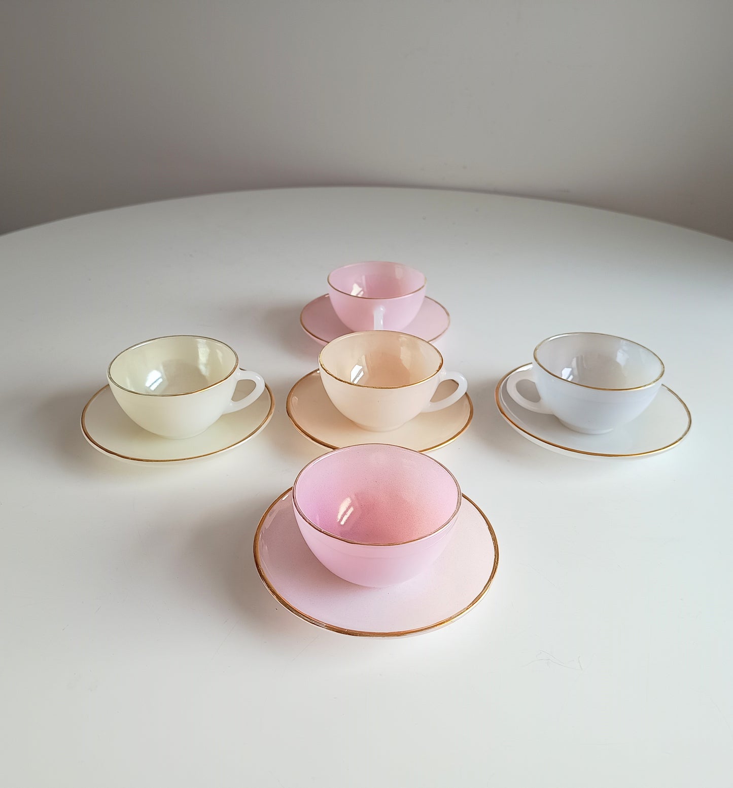 Vintage Espresso Macchiato Cup & Saucers, 5 Pastel Colours, French Arcopal Opaline Glass