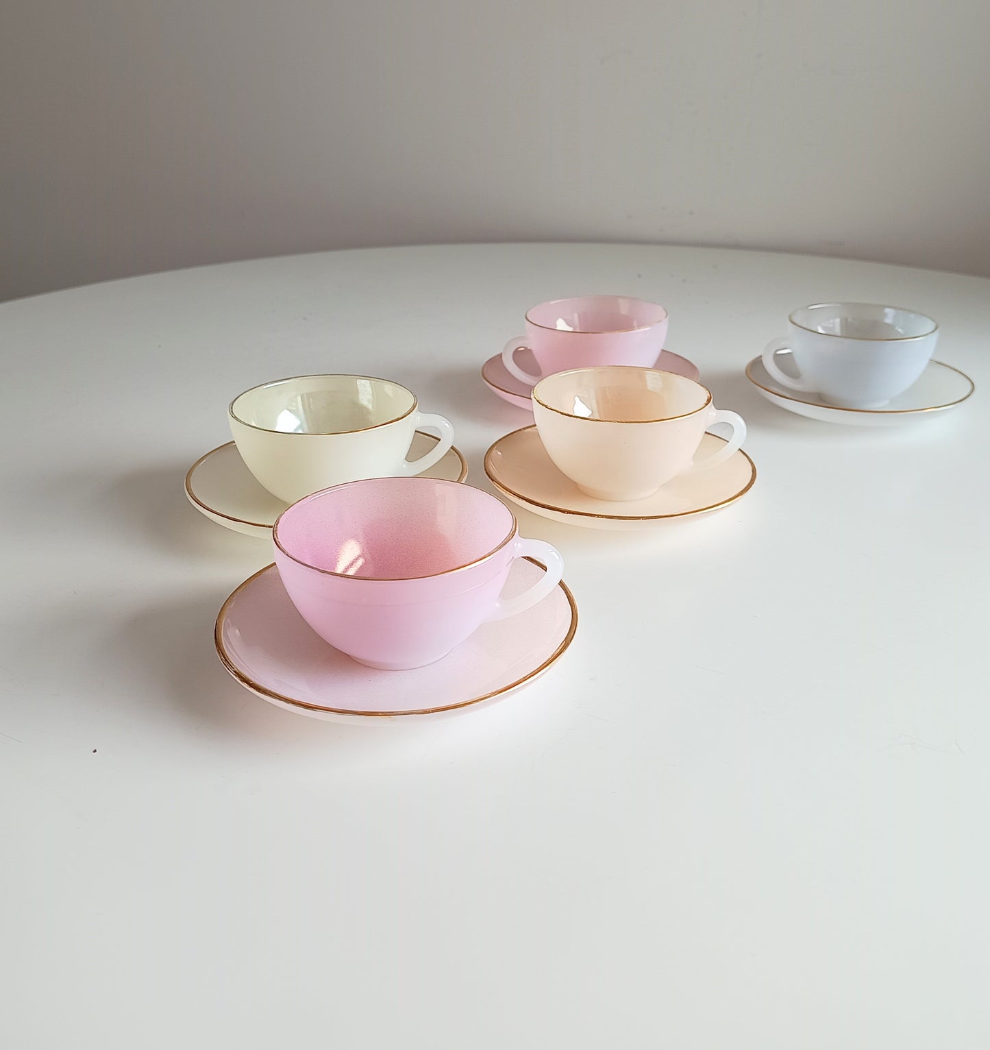 Vintage Espresso Macchiato Cup & Saucers, 5 Pastel Colours, French Arcopal Opaline Glass