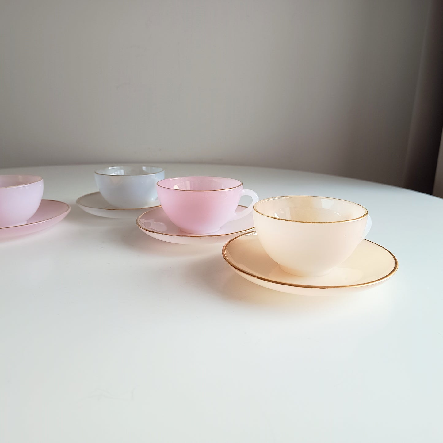 Vintage Espresso Macchiato Cup & Saucers, 5 Pastel Colours, French Arcopal Opaline Glass