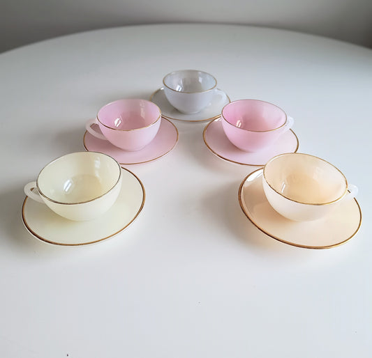 Vintage Espresso Macchiato Cup & Saucers, 5 Pastel Colours, French Arcopal Opaline Glass