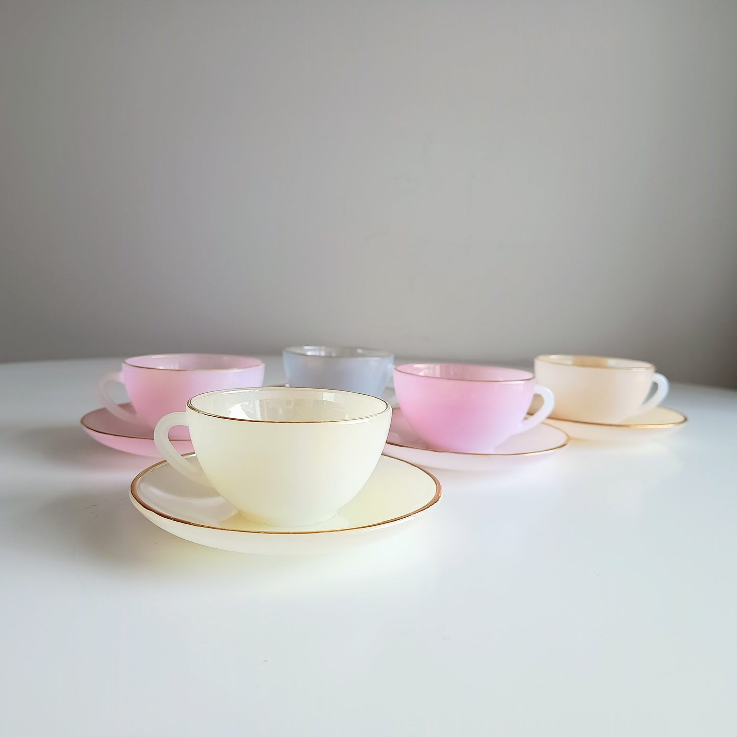Vintage Espresso Macchiato Cup & Saucers, 5 Pastel Colours, French Arcopal Opaline Glass