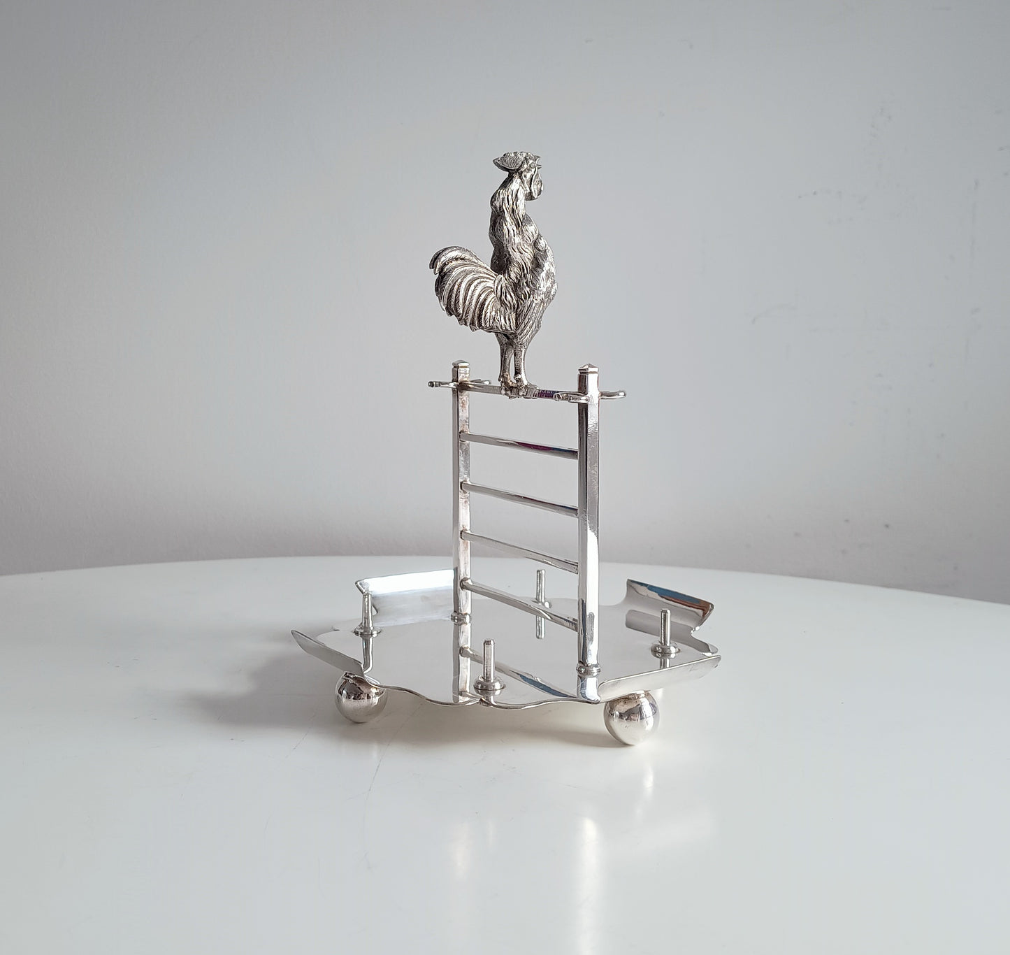 Novelty Zoomorphic Figural Silver Plate Egg Cruet / Breakfast Server: Cockrel on 5-bar Gate