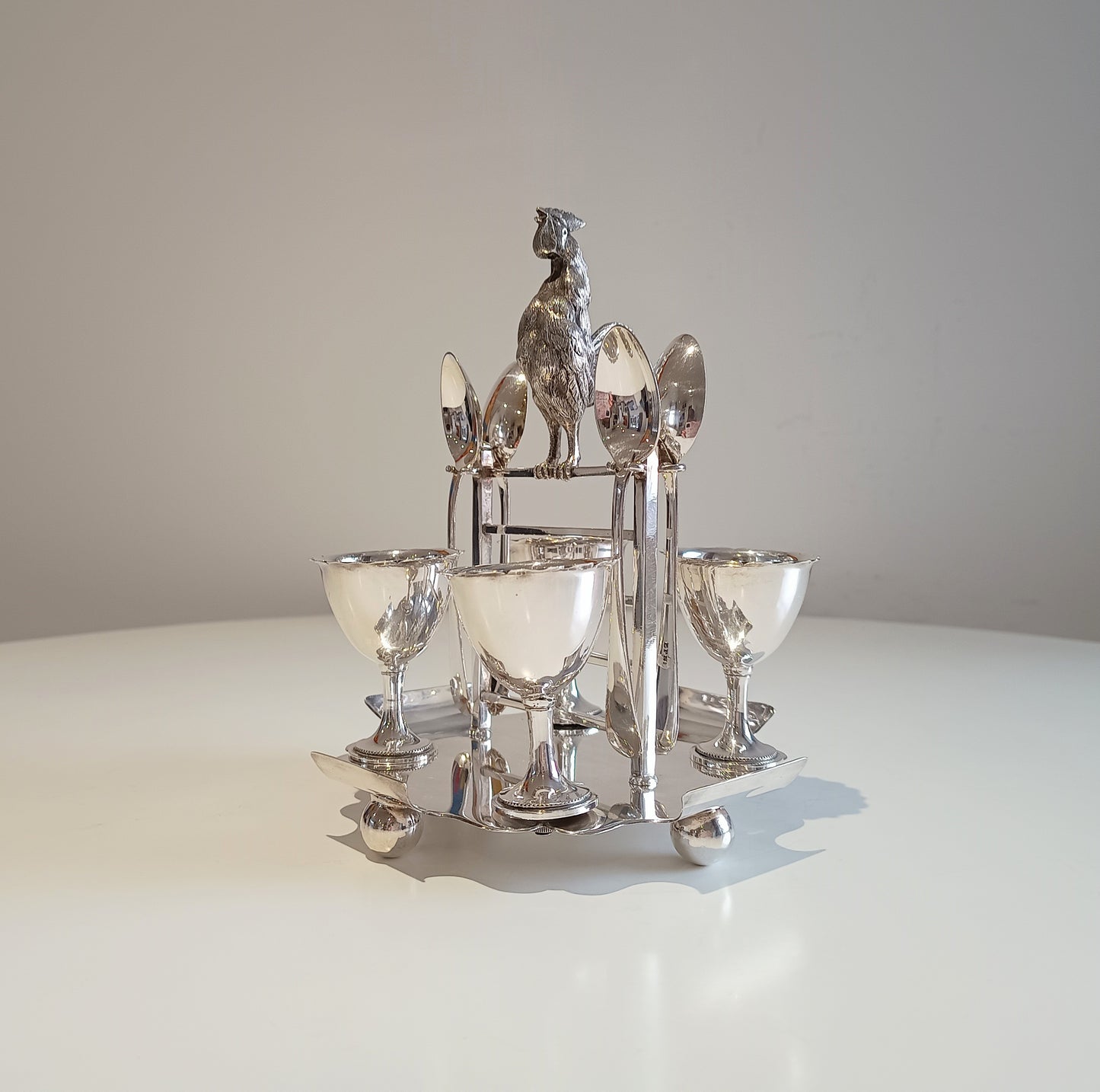 Novelty Zoomorphic Figural Silver Plate Egg Cruet / Breakfast Server: Cockrel on 5-bar Gate