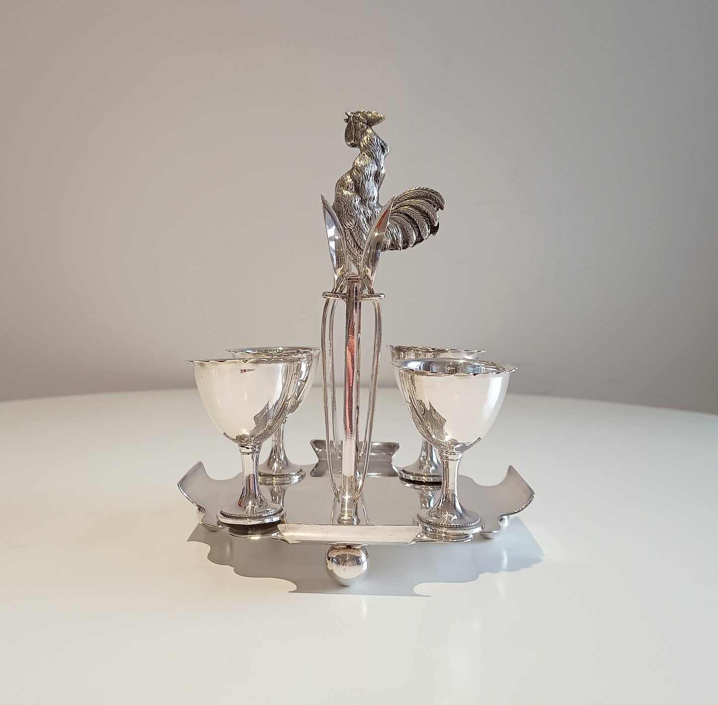 Novelty Zoomorphic Figural Silver Plate Egg Cruet / Breakfast Server: Cockrel on 5-bar Gate
