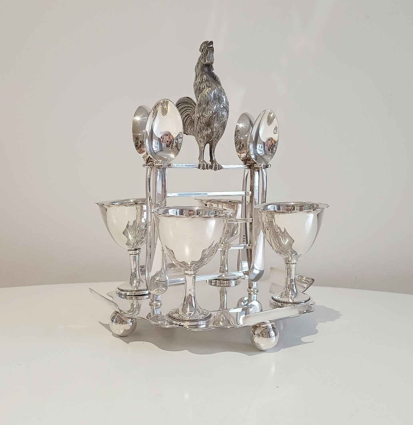 Novelty Zoomorphic Figural Silver Plate Egg Cruet / Breakfast Server: Cockrel on 5-bar Gate