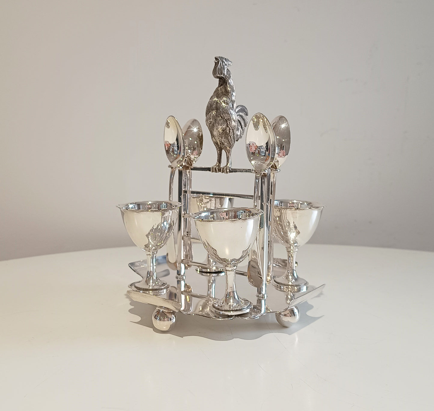 Novelty Zoomorphic Figural Silver Plate Egg Cruet / Breakfast Server: Cockrel on 5-bar Gate