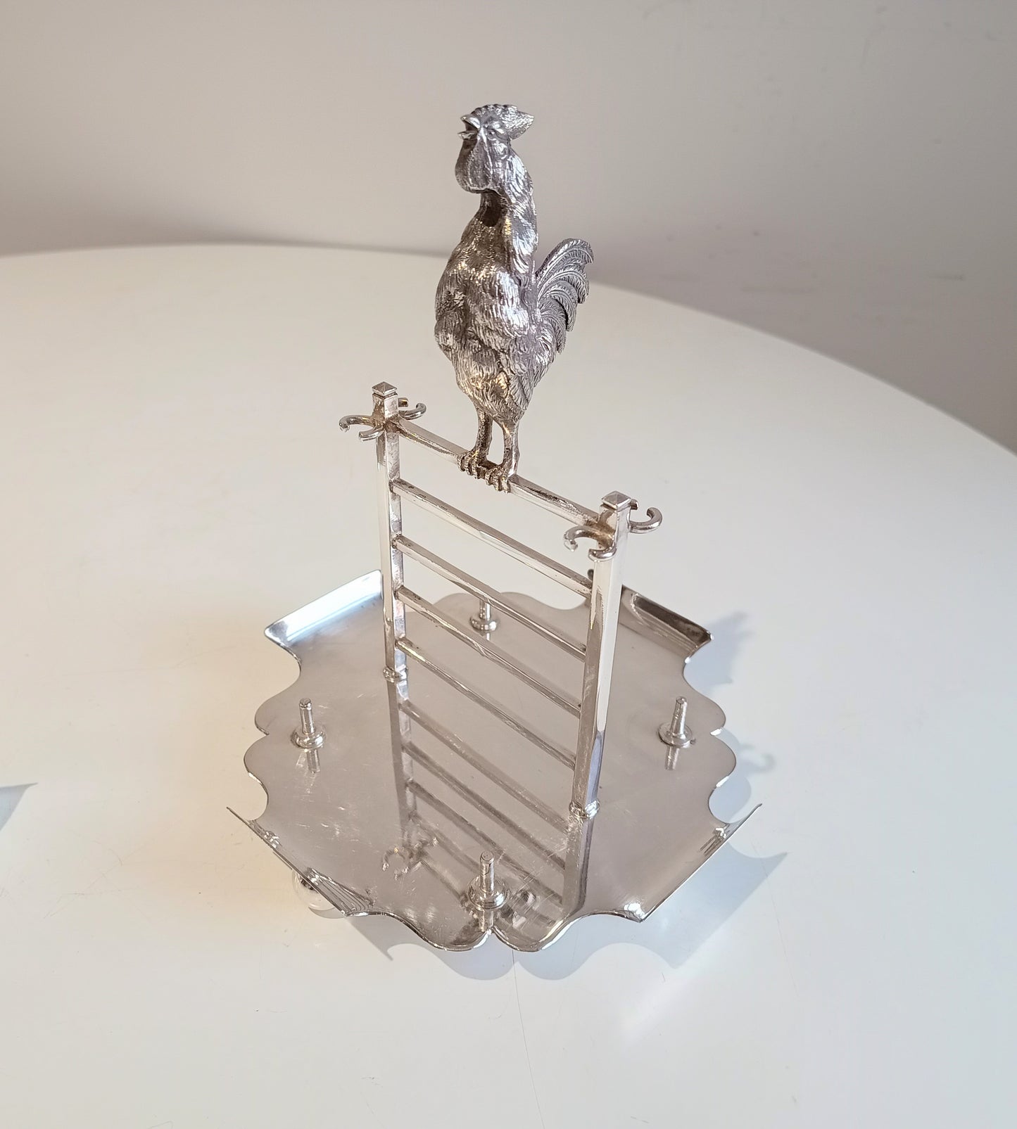 Novelty Zoomorphic Figural Silver Plate Egg Cruet / Breakfast Server: Cockrel on 5-bar Gate