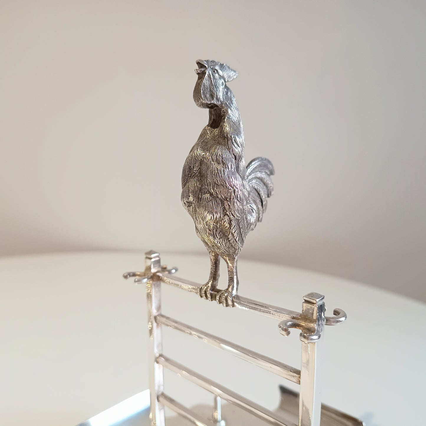 Novelty Zoomorphic Figural Silver Plate Egg Cruet / Breakfast Server: Cockrel on 5-bar Gate