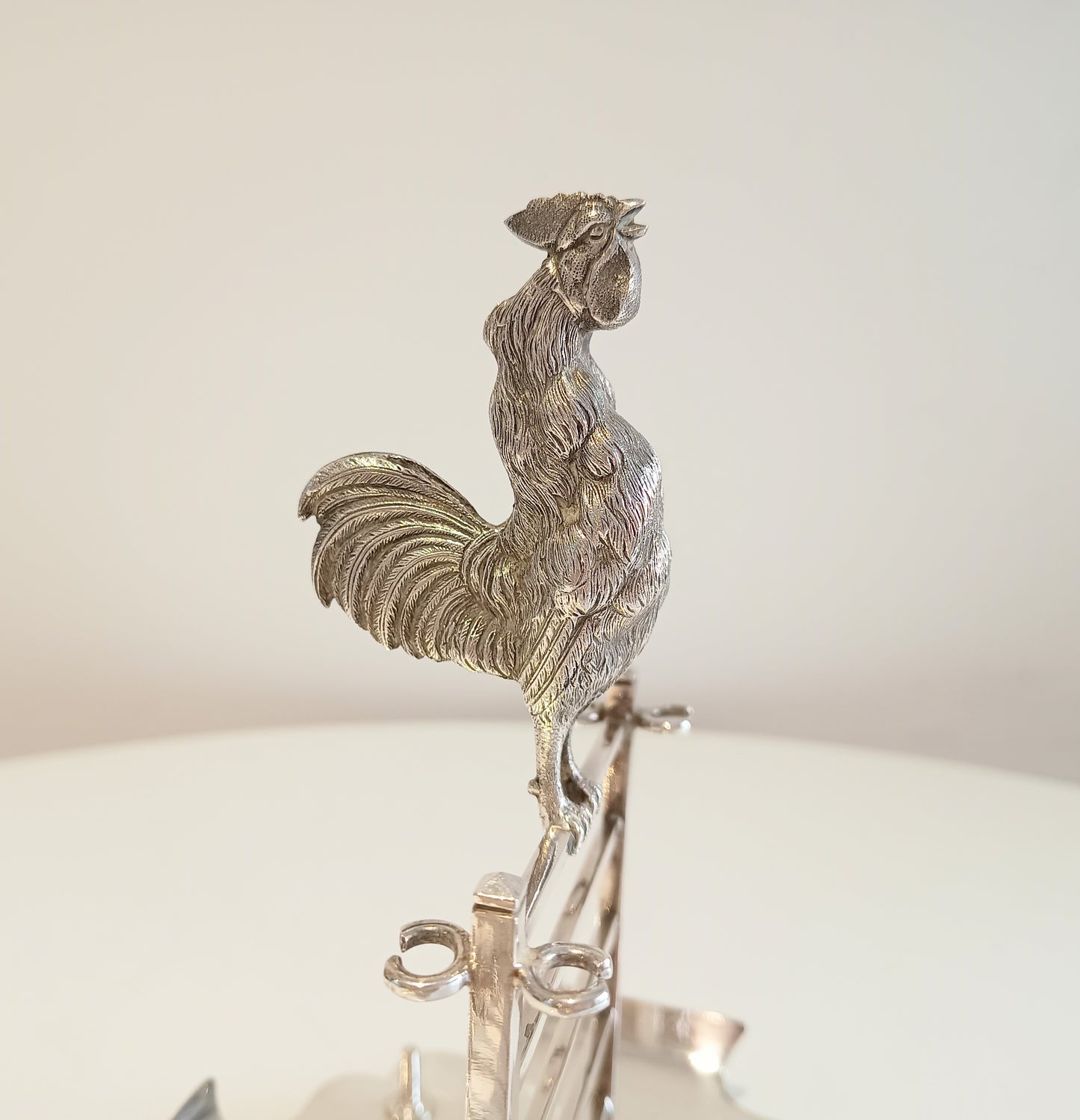 Novelty Zoomorphic Figural Silver Plate Egg Cruet / Breakfast Server: Cockrel on 5-bar Gate