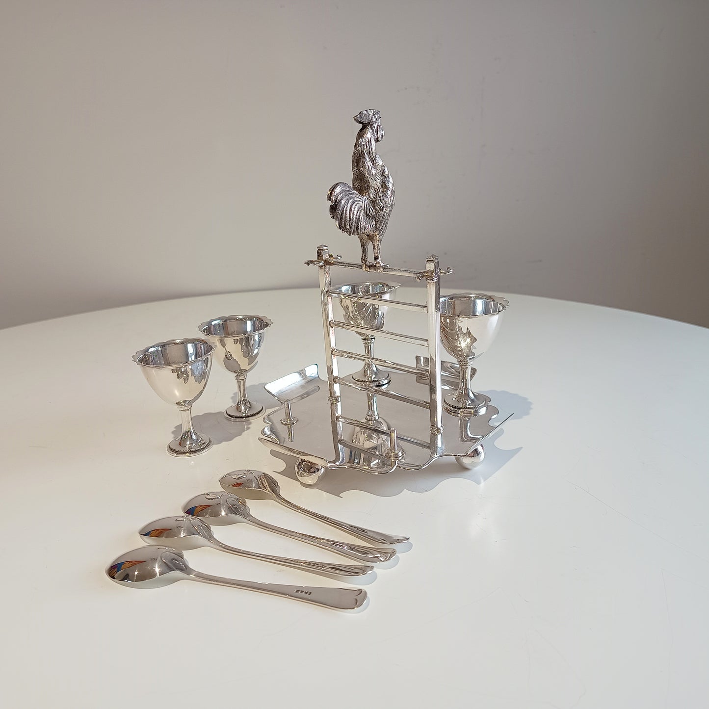 Novelty Zoomorphic Figural Silver Plate Egg Cruet / Breakfast Server: Cockrel on 5-bar Gate