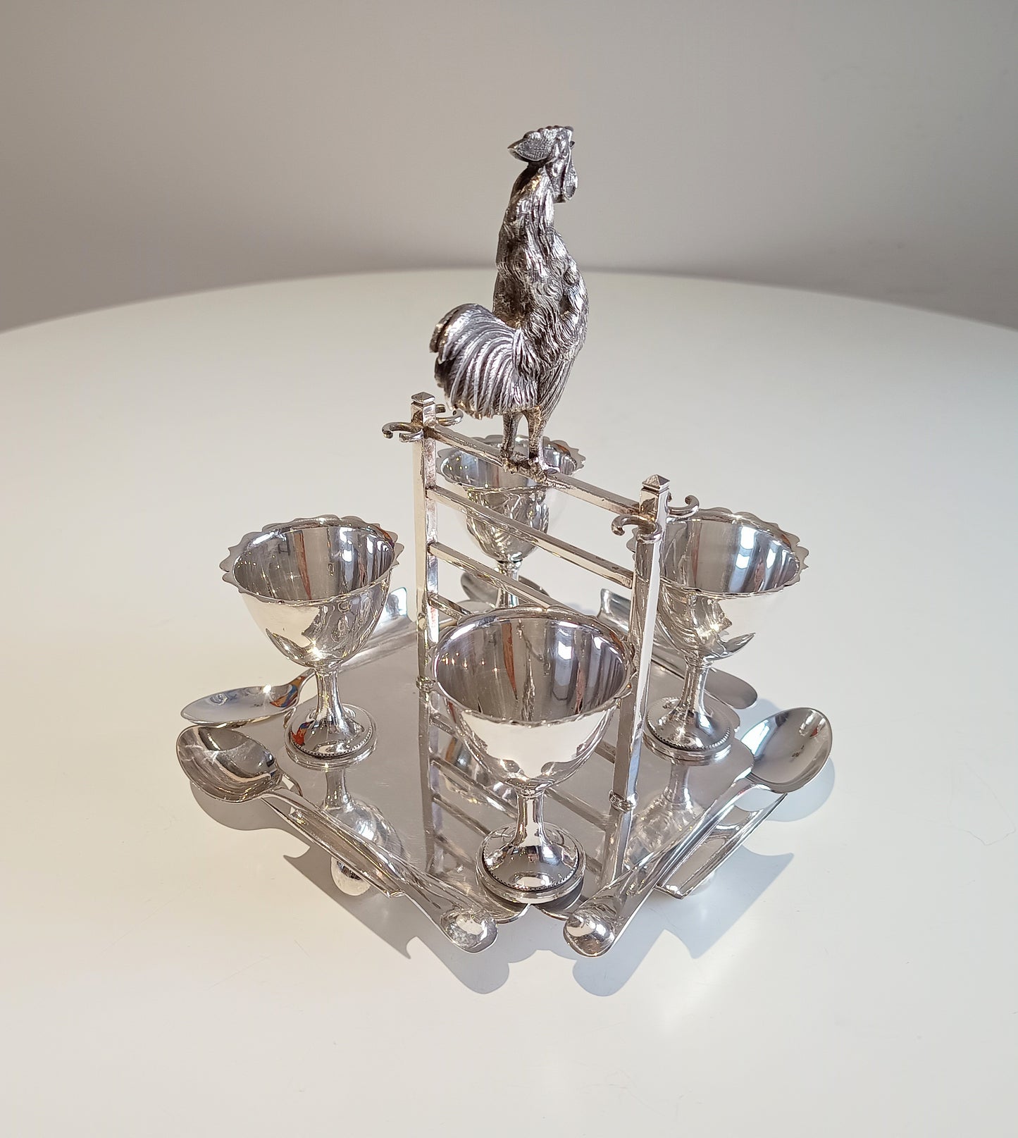 Novelty Zoomorphic Figural Silver Plate Egg Cruet / Breakfast Server: Cockrel on 5-bar Gate