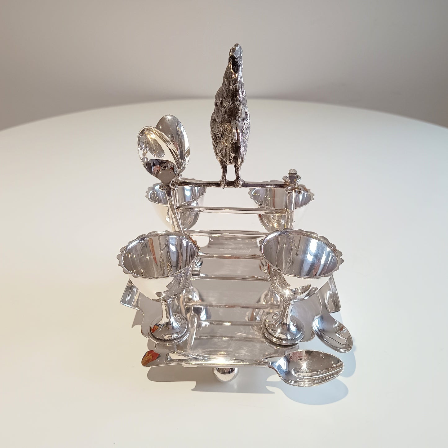 Novelty Zoomorphic Figural Silver Plate Egg Cruet / Breakfast Server: Cockrel on 5-bar Gate