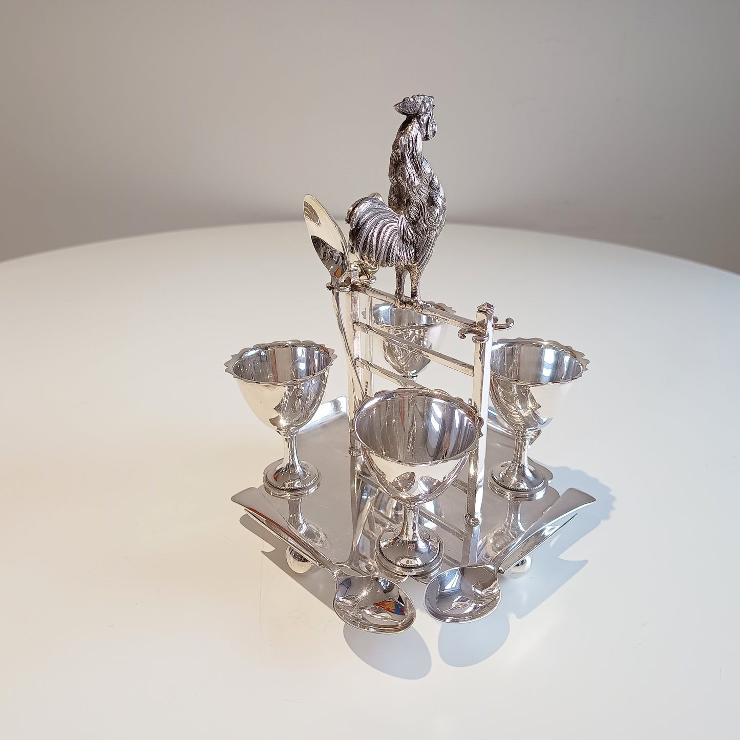 Novelty Zoomorphic Figural Silver Plate Egg Cruet / Breakfast Server: Cockrel on 5-bar Gate