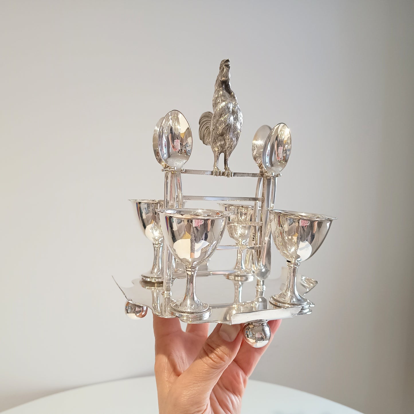 Novelty Zoomorphic Figural Silver Plate Egg Cruet / Breakfast Server: Cockrel on 5-bar Gate