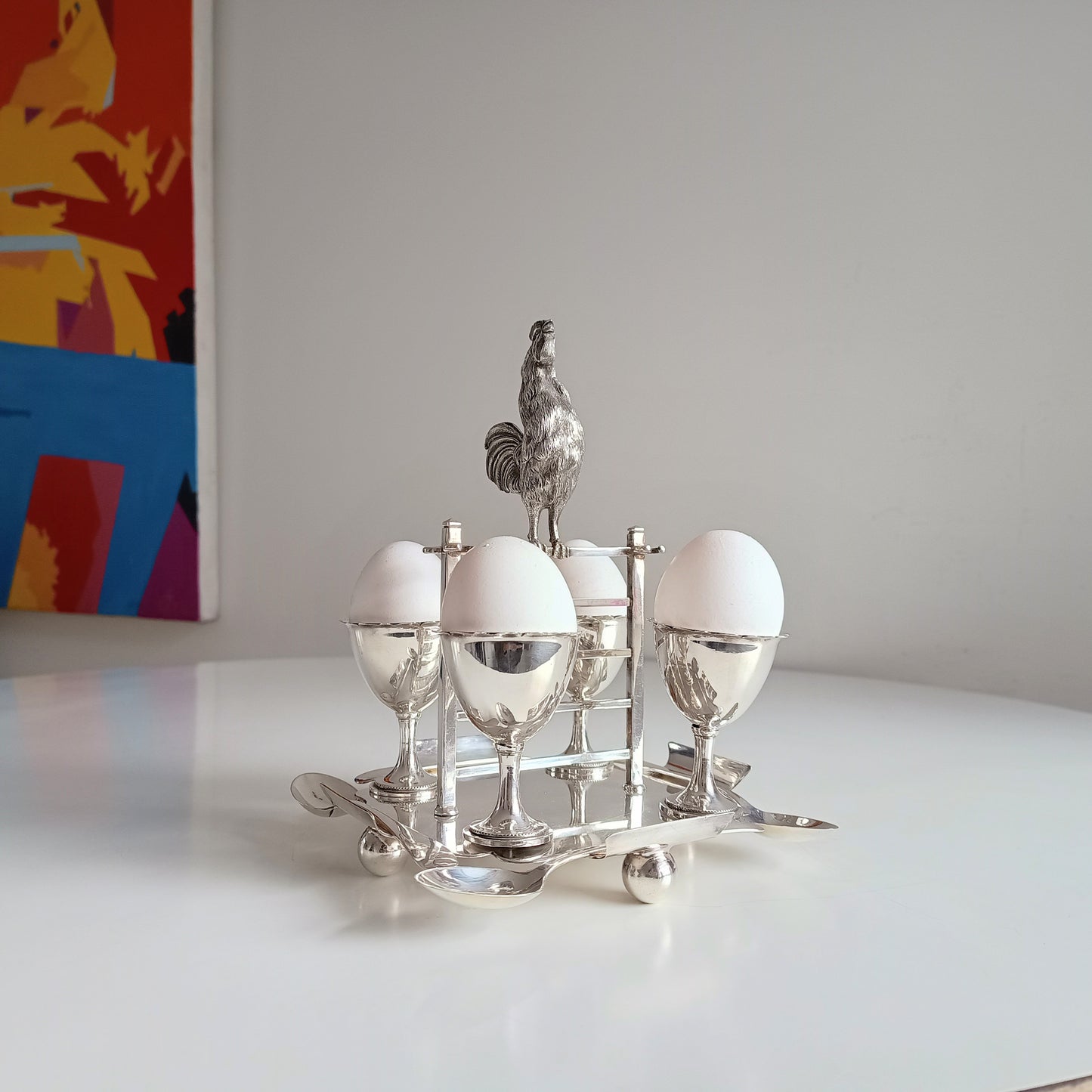 Novelty Zoomorphic Figural Silver Plate Egg Cruet / Breakfast Server: Cockrel on 5-bar Gate