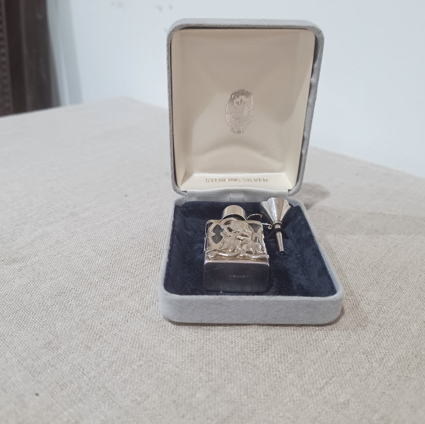 Vintage Small Perfume Bottle in Sterling Silver Openwork Case Art Nouveau style Snowdrop Design & Funnel, Original Box