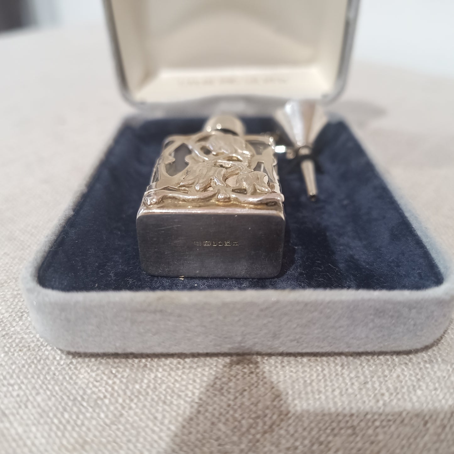 Vintage Small Perfume Bottle in Sterling Silver Openwork Case Art Nouveau style Snowdrop Design & Funnel, Original Box