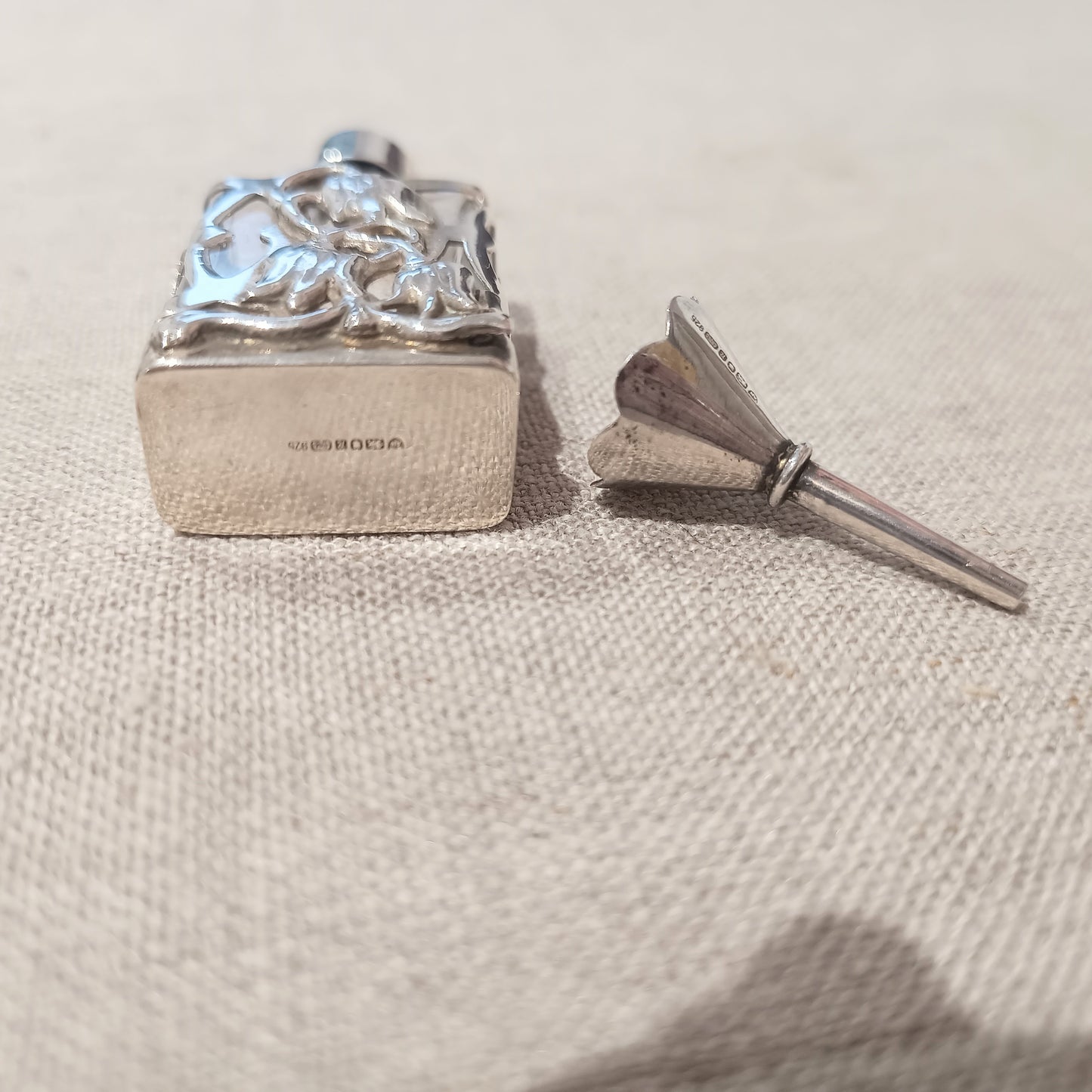Vintage Small Perfume Bottle in Sterling Silver Openwork Case Art Nouveau style Snowdrop Design & Funnel, Original Box