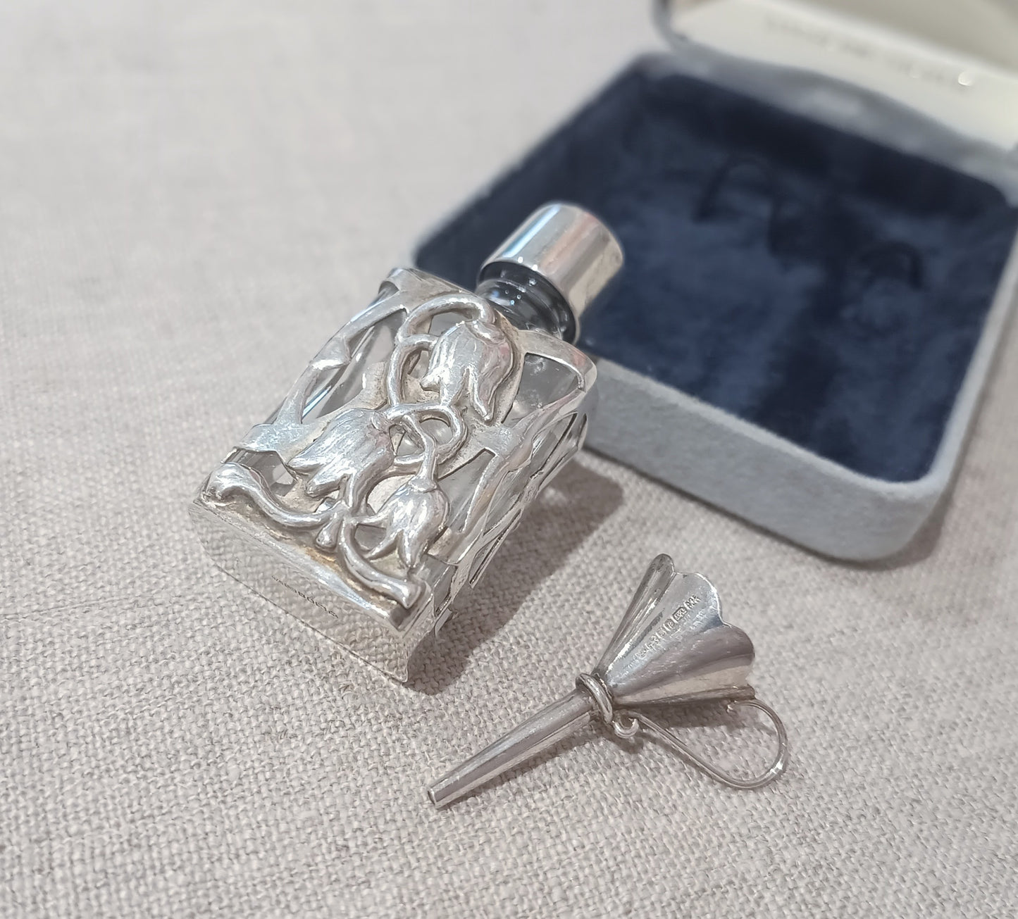 Vintage Small Perfume Bottle in Sterling Silver Openwork Case Art Nouveau style Snowdrop Design & Funnel, Original Box