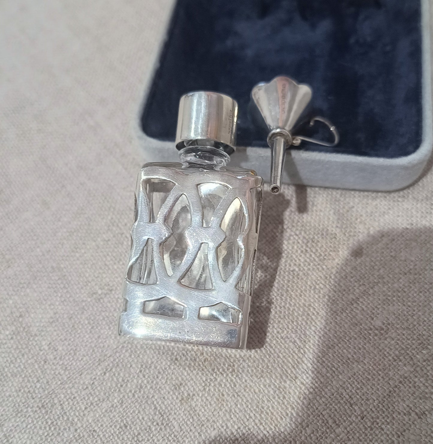 Vintage Small Perfume Bottle in Sterling Silver Openwork Case Art Nouveau style Snowdrop Design & Funnel, Original Box