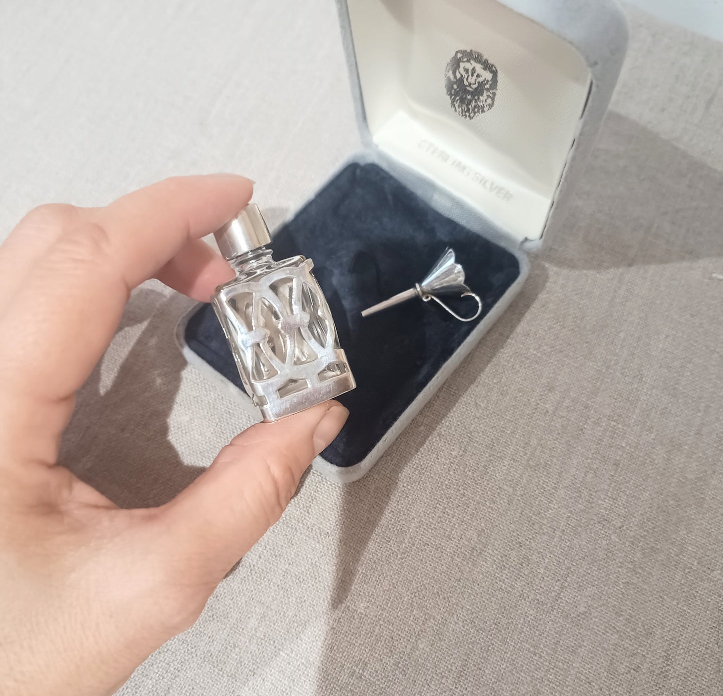 Vintage Small Perfume Bottle in Sterling Silver Openwork Case Art Nouveau style Snowdrop Design & Funnel, Original Box