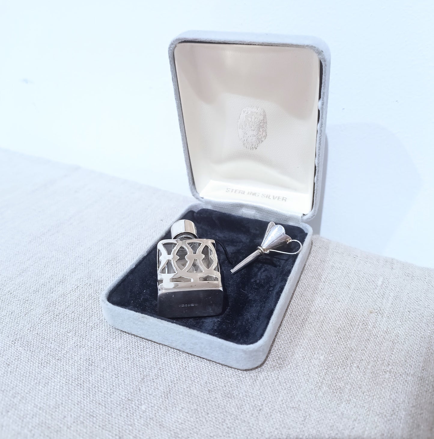 Vintage Small Perfume Bottle in Sterling Silver Openwork Case Art Nouveau style Snowdrop Design & Funnel, Original Box