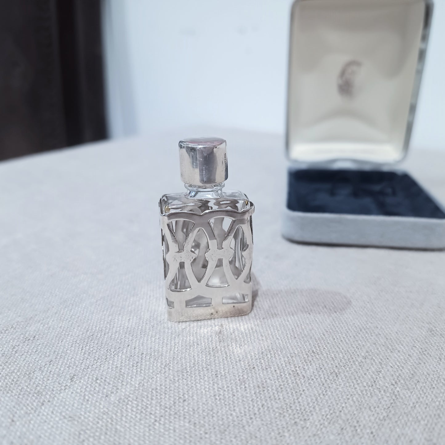 Vintage Small Perfume Bottle in Sterling Silver Openwork Case Art Nouveau style Snowdrop Design & Funnel, Original Box